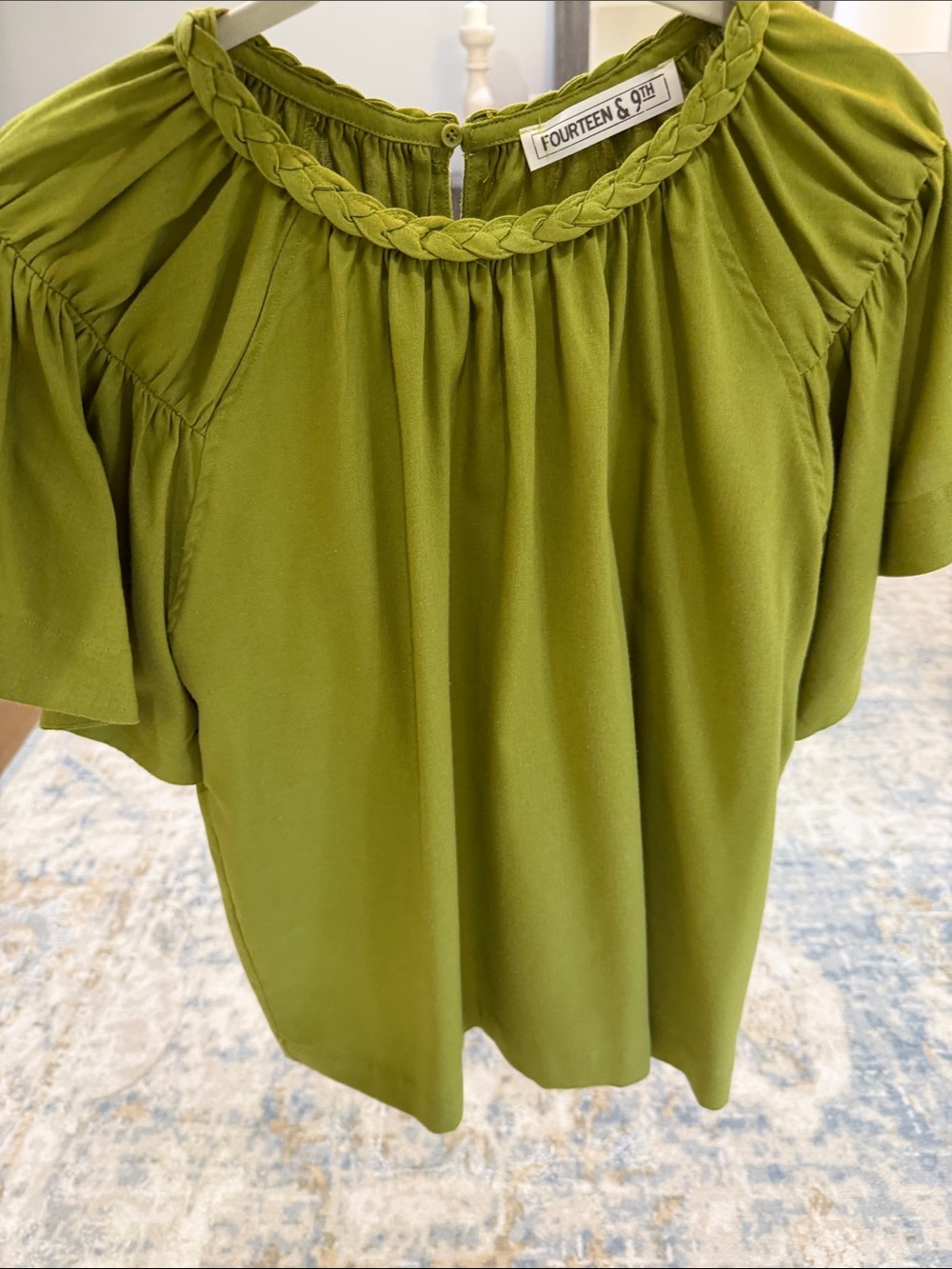 Olive Braided-Neck Flutter Sleeve Blouse - Picture 7 of 16